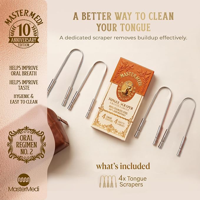 MasterMedi Tongue Cleaner Tongue Scraper Surgical Grade Stainless Steel Tongue Brush Dental Kit Professional Eliminate Bad Breath With Non-synthetic Grip (Family Pack (4 pcs)