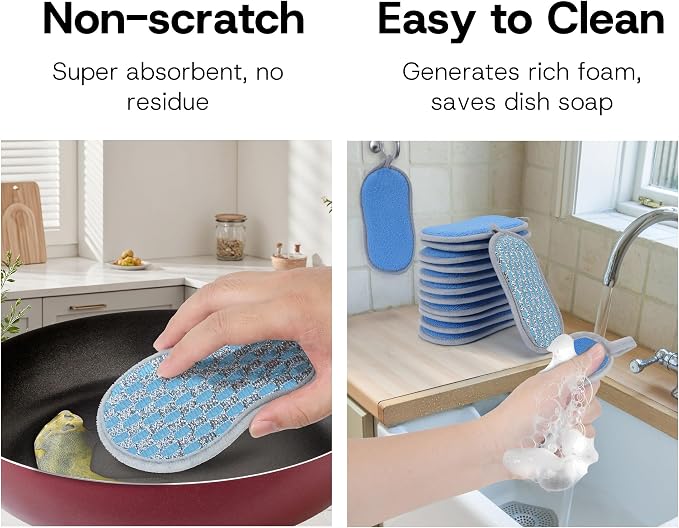 Multi-Purpose Scrub Sponges Kitchen – 12 Pack Dish Sponge, Dual-Sided Non-Scratch Microfiber & Metal Scrubber, Reusable Sponges for Dishes, Pots, Glass, Sink, Stovetop & Bathroom (Blue)