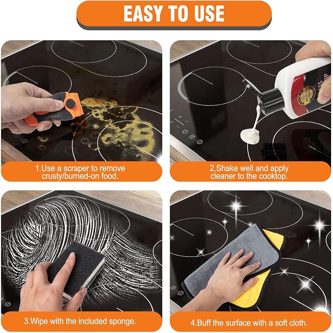 Meuvcol Glass Stove Top Cleaner Kit, 12 Oz Glass Cooktop Cleaner Non-Abrasive, Stove Oven Cleaner & Polish For Ceramic, Electric, Induction, Flat Top Stovetop, Gas - With Scrubbing Pad, Scraper, Cloth