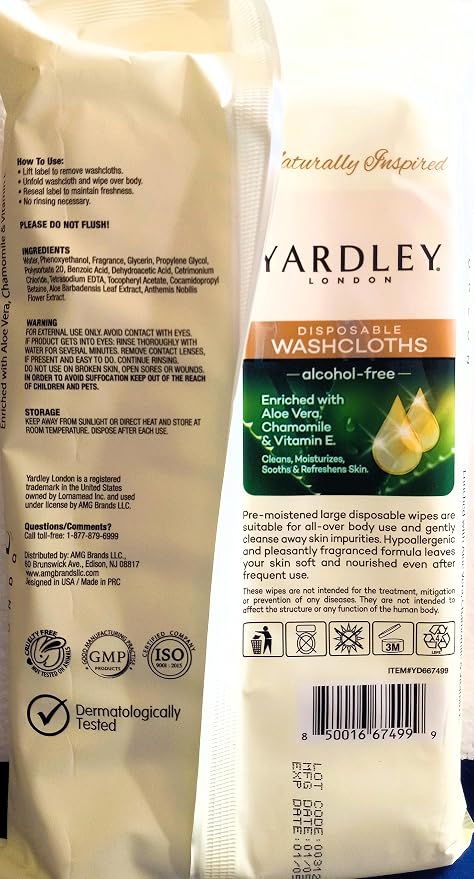 2 pack, Bundle,Yardley London naturally inspired disposable washcloths alcohol free enriched with aloe Vera chamomile and vitamin E cleans moisturizes sooths and refreshes the skin
