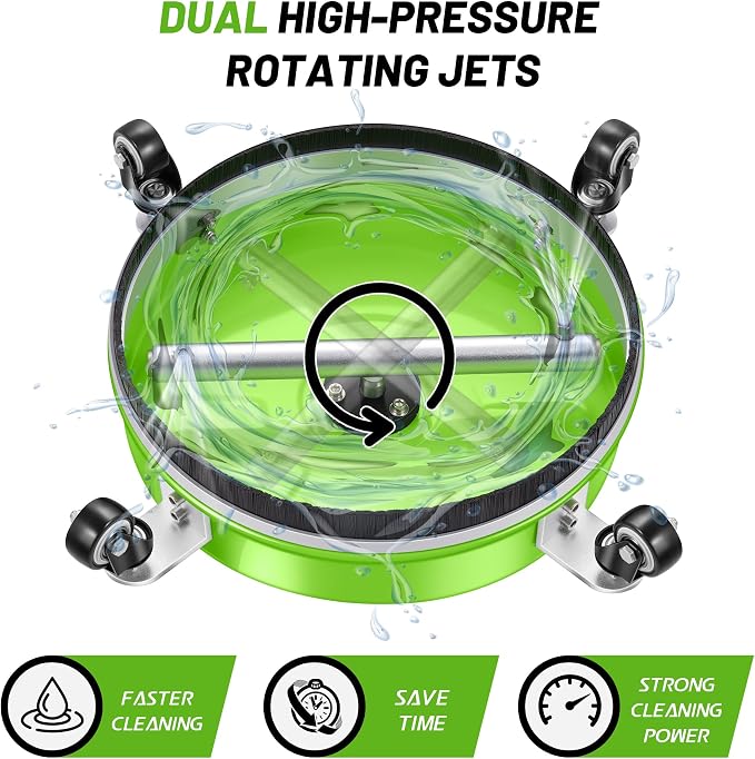 LidoDola 14'' Pressure Washer Surface Cleaner Green, Power Washer Accessory | Stainless Steel Housing with 4 Wheels, 1/4" QC, 2 Extension Wands & 2 Replacement Nozzles, for Gas & Electric Pressure Washer