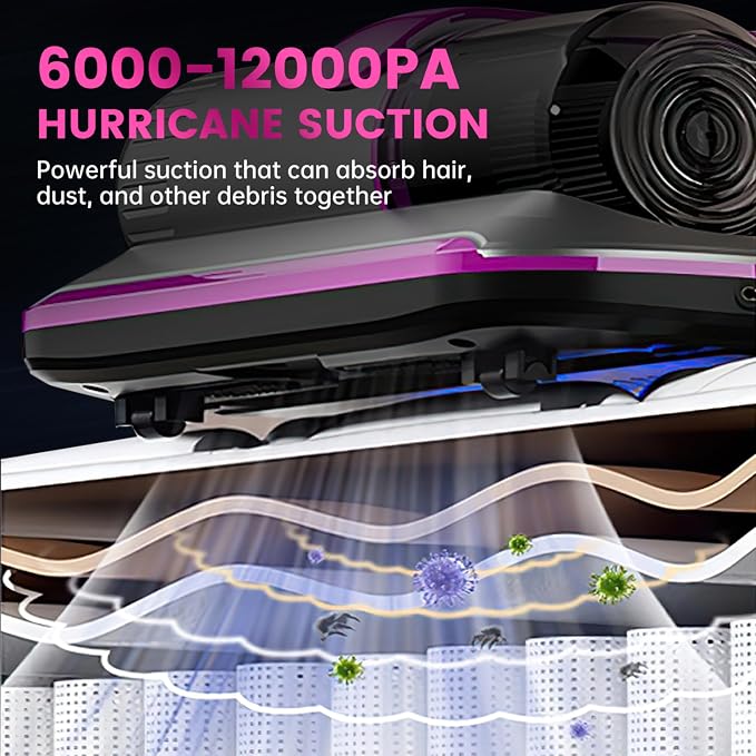 PATO Mattress Vacuum Cleaner, Wireless Handheld Bed Vacuum Cleaner with UV-C Light, HEPA Filter and Ultrasonic Vibration, 12KPa, Suitable for Beds, Sofas, Car Seats, Carpets (Purple)