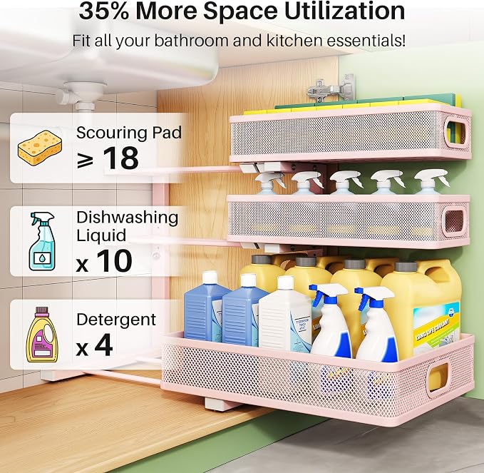 Kitstorack Under Sink Organizer, 2-Pack 3-Tier Height Adjustable Thickened Metal Pull out Cabinet Organizer Shelf, Slide out Storage Drawer Rack for Bathroom Kitchen Pantry Home Organization, Pink