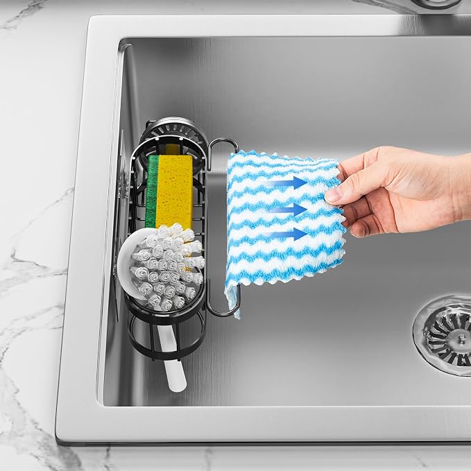 Cisily Kitchen Sink Caddy Sponge Holder in The Sink, Stainless Steel Kitchen Sink Organizer, Brush Holder, Dish Cloth Hanger, Sink Stopper Holder (Hanging-Black)