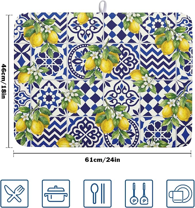 Lemon and Blue Tile Dish Drying Mat 18x24 Inch Absorbent Reversible Mexican Tilt Drying Mat Blue White Italy Lemons Dish Drying Rack Mat Summer Themed Dish Drainer Mat for Kitchen Counter Coffee Bar