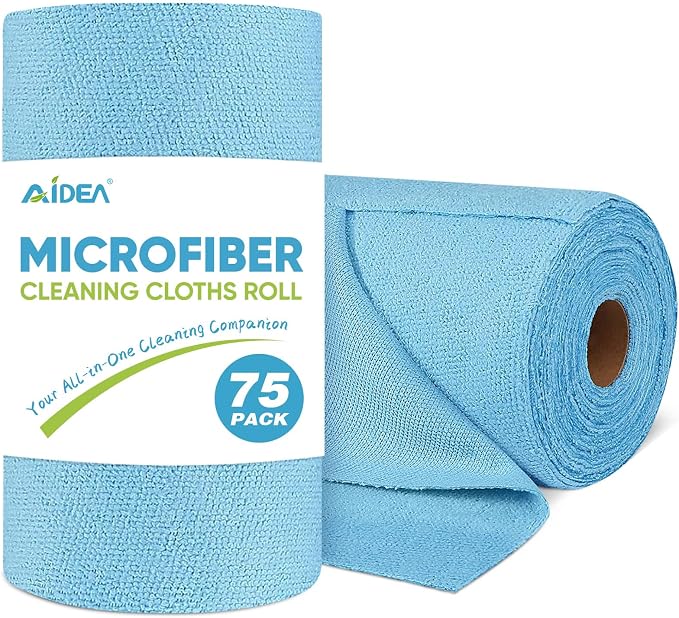 AIDEA Microfiber Cleaning Cloth Roll-75PK, Shop Rags Blue 11.5"×11.5" | Reusable Paper Towels Tear Away Cloth, Microfiber Towels, Lint Free Rags for House, Mechanic, Workshops