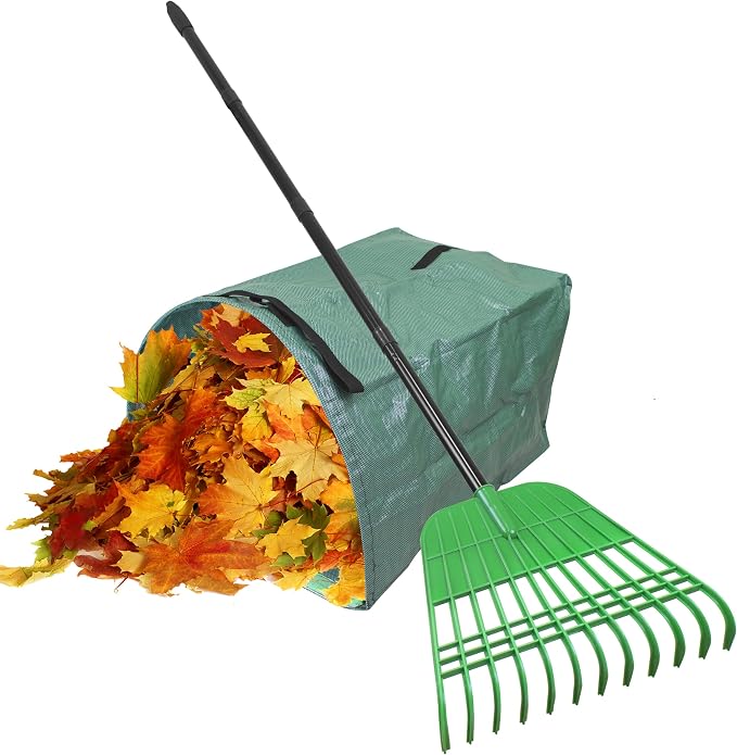 Gardzen 67 Inch Leaf Rake Set for Leaves and Lawn Cleanup | 12 Tines, 17-inch Plastic Rake Head, 50–67 Inch Adjustable Metal Handle, Includes Leaf Bag and Gloves