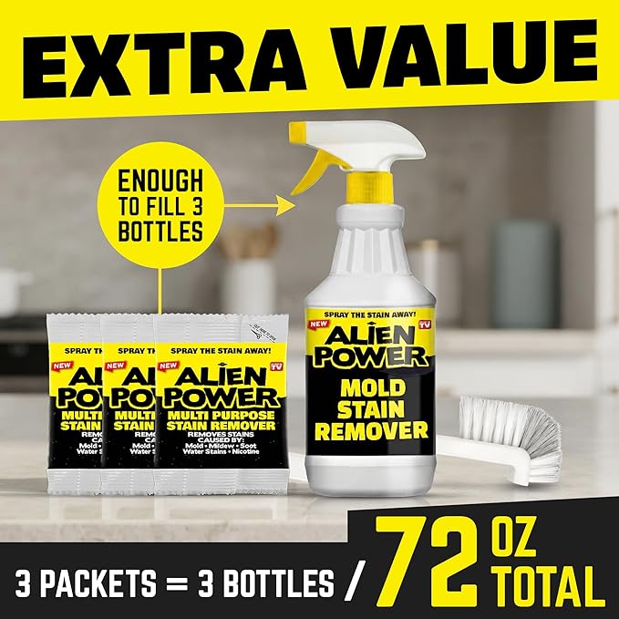 Alien Power 72 OZ Instant Stain Remover Spray for Black Mold and Mildew | All Purpose No-Scrub Cleaner for Bathroom & Household Surfaces, Tiles, Wall & Washing Machines - 3 Packets (Makes 72 Fl Oz)