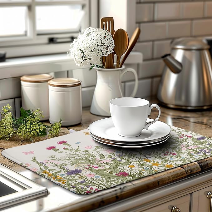 Wildflower Floral Dish Drying Mat for Kitchen Counter Vintage Rustic Flower Drying Mats Spring Summer Herb Plant Absorbent Microfiber Dishes Pad Washable Dish Draining Mat Extra Large 18"x24"