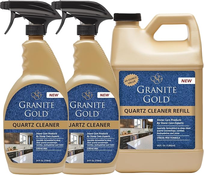 Granite Gold Quartz Cleaner Spray for Caesarstone, Cambria, Silestone and All Other Quartz Countertop Surfaces, 64 Fluid Ounces and 2 x 24 Fluid Ounces