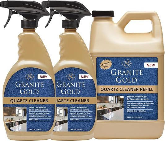 Granite Gold Quartz Cleaner Spray for Caesarstone, Cambria, Silestone and All Other Quartz Countertop Surfaces, 64 Fluid Ounces and 2 x 24 Fluid Ounces