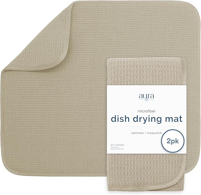 S&T INC. Dish Drying Mat, 2 Pack, 16" x 18", Large, Beige | Absorbent Microfiber, 2PK Kitchen Counter Mat for Dishes, Utensils, Pots and Pans, Machine Washable