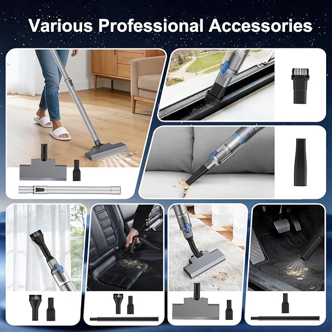 Handheld Vacuum Cleaner Car Vacuum with Multiple Accessories VA004 | Powerful Suction, Multi-Nozzles, Lightweight, HEPA, One-Touch Dust Cup, hand vacuum cordless for Car Home Office Pet