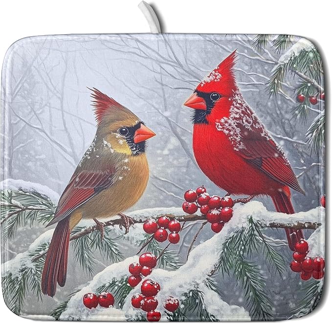 Christmas Bird Dish Drying Mat for Kitchen Counter 16 x 18 Inches Red Winter Absorbent Reversible Microfiber Mats for Berry Dish Rack Pad Drainer Mat for Coffee Bar Decor