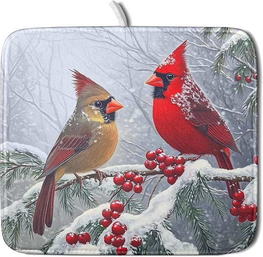 Christmas Bird Dish Drying Mat for Kitchen Counter 16 x 18 Inches Red Winter Absorbent Reversible Microfiber Mats for Berry Dish Rack Pad Drainer Mat for Coffee Bar Decor