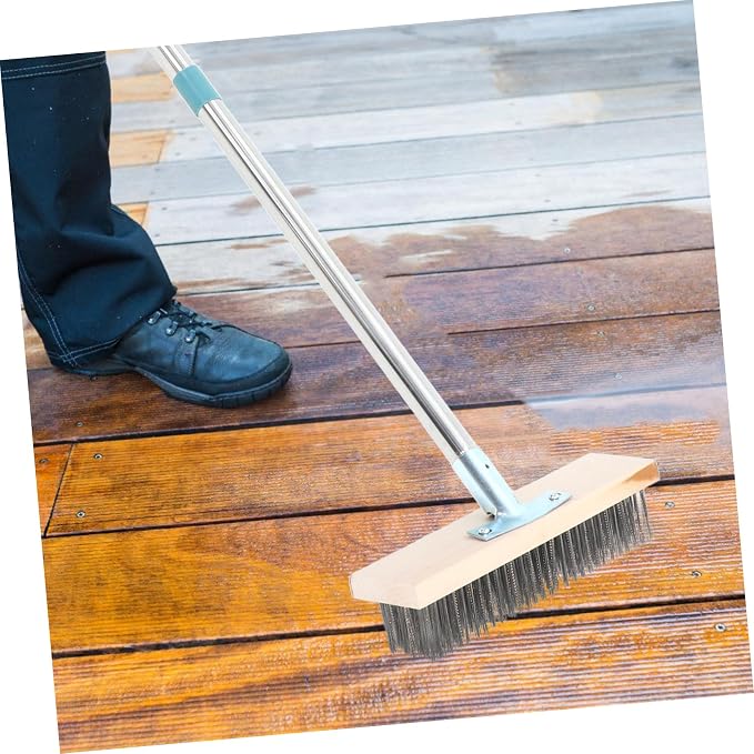 PRETYZOOM Heavy Duty Stainless Steel Scrub Brush with Pole for Tough Outdoor Cleaning for Decks Patios and Concrete Ergonomic Design for Comfortable Use
