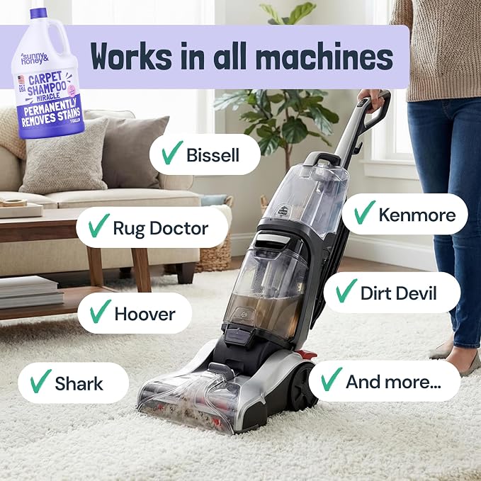 Sunny & Honey Carpet Cleaner Shampoo Solution for Machines, 1 Gal Lavender | USA Made - Stain and Odor Eliminator - Cleans Carpets and Upholstery - For Upright and Spot Cleaners - Concentrated Formula