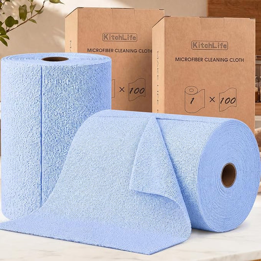 KitchLife Microfiber Cleaning Cloth Roll, 200 Pack - Tear-Away Microfiber Paper Towels, Lint-Free, Reusable, Washable for Kitchen, Car, Dishes, and Sensitive Surfaces (Blue)