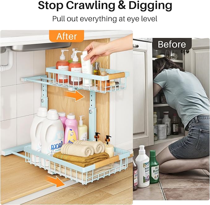 PXRACK Under Sink Organizer, Adjustable Height, 2 Tier Pull Out Under Cabinet Organizer, Slide Out Thickened Metal Under Sink Storage for Kitchen Bathroom Laundry Pantry Cabinet, Blue, Large-2-Pack
