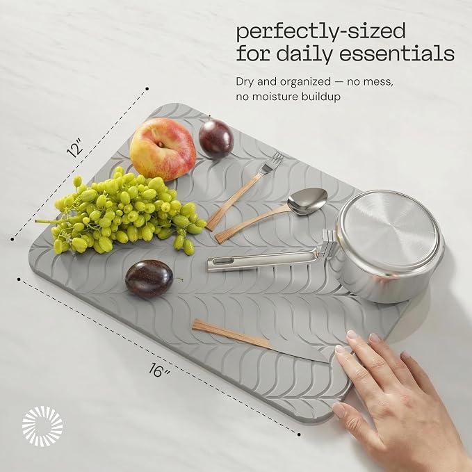 Deepstone Diatomite Stone Dish Drying Mat – Fast-Drying Natural Diatomaceous Earth Kitchen Countertop Drying Board – Super Absorbent & Non-Slip, 16 x 12 in (Gray)