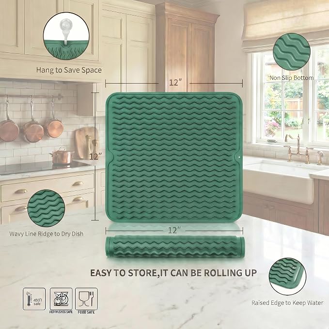 MicoYang Silicone Dish Drying Mat for Multiple Usage,Easy clean,Eco-friendly,Heat-resistant Silicone Mat for Kitchen Counter or Sink,Refrigerator or Drawer liner Green M 12 inches x 12 inches