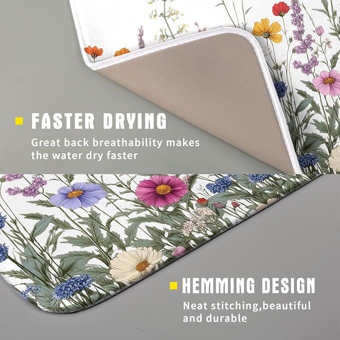 Giwawa Flower Herbs Dish Drying Mat Botanical Plant Dishes Drainer Mat 16x18 inch Reversible Microfiber Drying Dish Pad for Kitchen Counter Decor