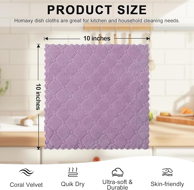 Homaxy 12 Pack Kitchen Dish Cloths (10 x 10 Inches, Purple), Super Soft and Absorbent Coral Velvet Dish Towels, Nonstick Oil Fast Drying Microfiber Cleaning Cloth, No Lint Household Dishcloths