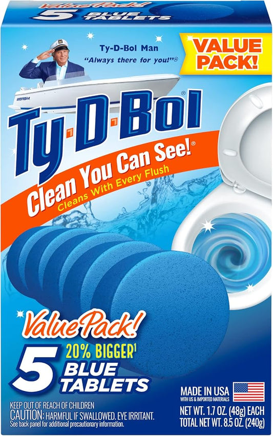 Ty-D-Bol Toilet Bowl Cleaner Tablets, Bleach-Free, 5 Pack | Automatic Drop-In, Removes Hard Water Stains, Removes Limescale, Removes Mineral Buildup