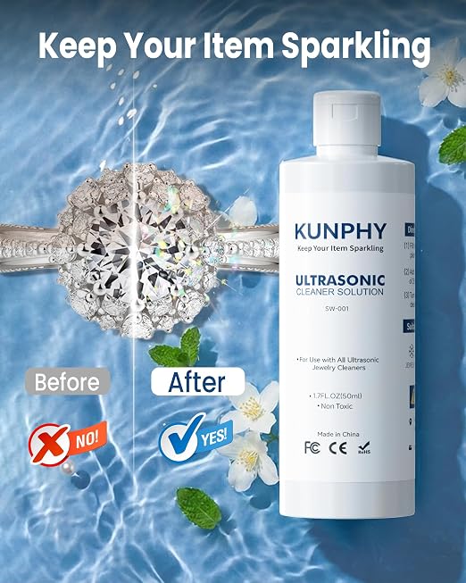 KUNPHY Ultrasonic Jewelry Cleaner Solution for Gold, Silver, Platinum 1.7 oz | Concentrated; for All Ultrasonic Machines; Removes Residue & Grime; Gentle Formula for Non-Porous Stones & Metals