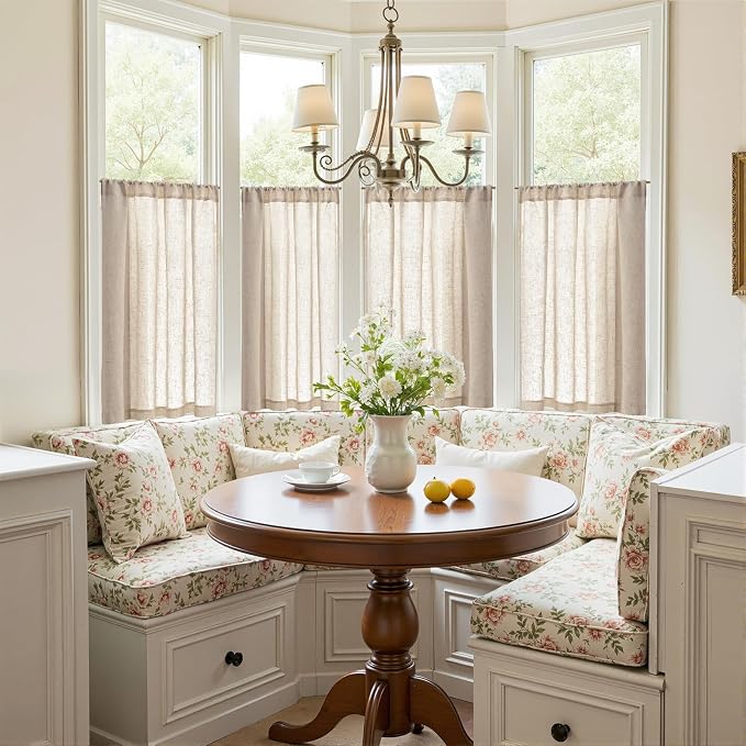 jinchan Linen Kitchen Tier Curtains, 38x36, 2 Panels, Natural | Light filtering, linen blend, rod pocket, farmhouse style, rustic decor, kitchen, bathroom, laundry room, RV, small windows