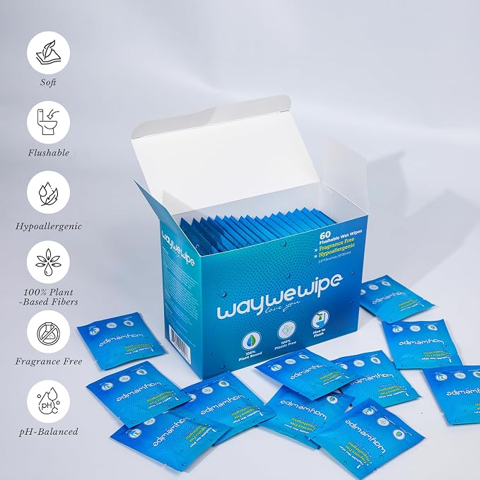 On-The-Go Flushable Wet Wipes, 60 Count XL Individually Wrapped Adult Wipes, Hypoallergenic 100% Plant Based Septic Safe, Travel Size Cleansing Cloth for Men & Women, Fragrance Free (60 Ct)