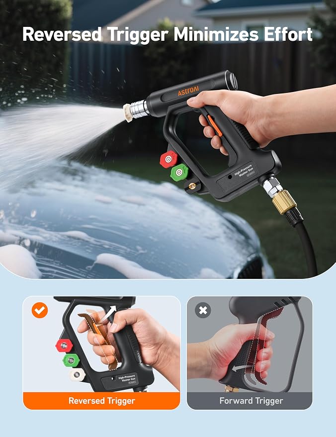 AstroAI Short Pressure Washer Gun with Swivel, 3/8" Quick Connect, 4060 PSI | for High Pressure Washer, 3/8" & 1/4" Quick Connect, with 4 Nozzles, Car Wash, Comfort Grips, Inner Brass, fit Foam Cannon