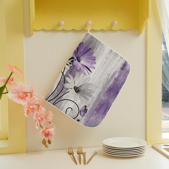 Floral Dish Drying Mat 18x24 Inches For Kitchen Counter Purple Daisy Flower Kitchen Decoration Drying Mat Modern Decorative Drying Pad For Home Kitchen Decor,Dining Room,Office Decor