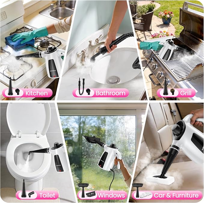 Pressurized Handheld Steam Cleaner, 12Pcs Portable Deep Cleaning Steamer | Natural Deep Cleaning, Multi-Purpose for Home, Grout, Kitchen, Car, Window, Upholstery, Bathroom and Clothes
