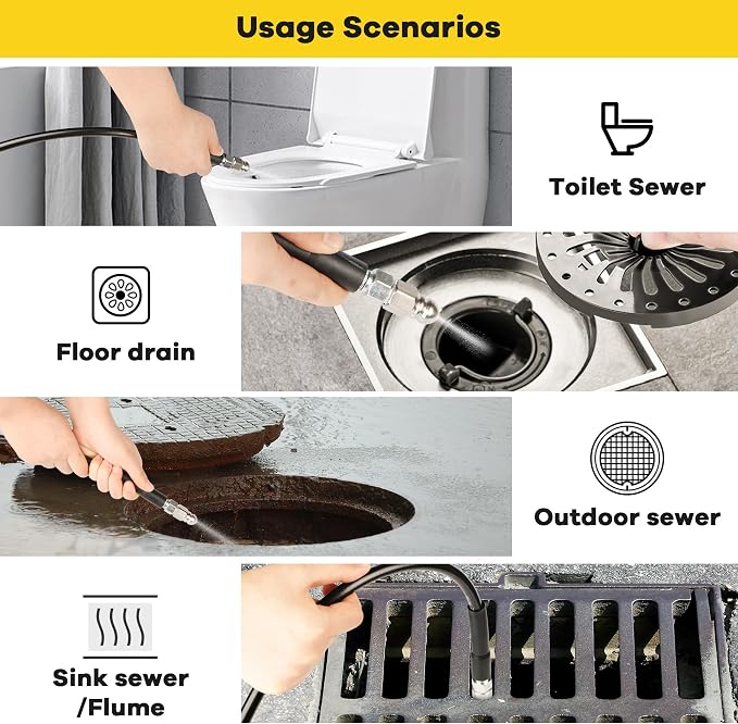 Sewer Jetter Kit for Pressure Washer 100ft 1/4 Inch NPT | Pressure Washer Drain Jetter 5800PSI Hose, 4 Different Rotating Nozzles, Adapter, Clears Clogs in Pipes & Sewer Lines