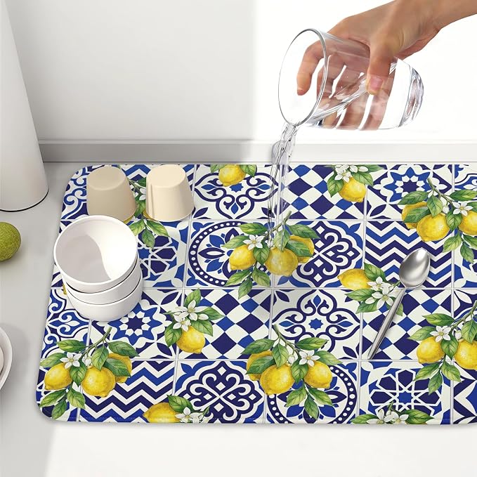 Lemon and Blue Tile Dish Drying Mat 18x24 Inch Absorbent Reversible Mexican Tilt Drying Mat Blue White Italy Lemons Dish Drying Rack Mat Summer Themed Dish Drainer Mat for Kitchen Counter Coffee Bar