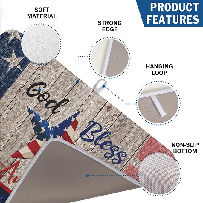 Kawani 4th of July Dish Drying Mat 18x24 Inch Patriotic God Bless America Memorial Kitchen Mats Independence Day Absorbent Dishes Pad for Kitchen Counter USA Star Drying Mat Home Decor for Countertop