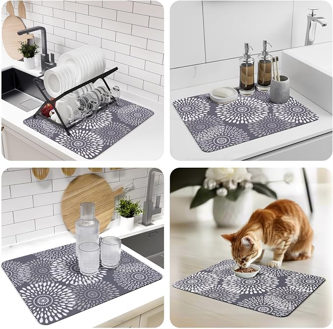 LuxStep Dish Drying Mat Super Absorbent Kitchen Counter Mat Rubber Backing Draining Mat Easy to Clean Kitchen Accessories Dish Rack Pad for Dishes, Utensils, Countertops, Sinks 15" x 18" Grey