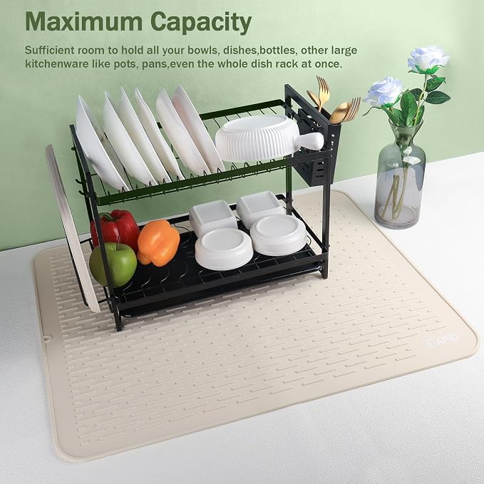 Extra Large 30 x 24 Inch Silicone Dish Drying Mat for Dish Drying Rack , Easy Clean Silicone Drying Mat for Kitchen Counter , Non-Slip Dish Drain Mat , Heat Resistant Silicon Dish Mat, Beige, SAPID
