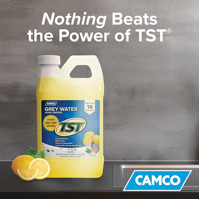 Camco TST Camper/RV Grey Water Odor Control - Removes Grease Buildup in Gray Water Tank, Sink & Shower Drains - 4oz Treats 40-Gal Holding Tank - Safe Septic Tank Treatment - Lemon, 64 oz (40256)