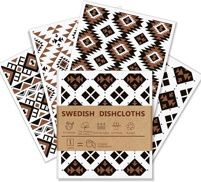 Swedish Dishcloths for Kitchen - 4 Pack Western Aztec Vintage Themed Reusable Paper Towels, Non-Scratch Cellulose Cloths, No Odor, Biodegradable Cleaning Cloths