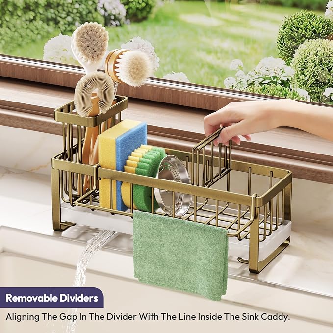 SWTYMIKI Sponge Holder for Kitchen Sink - Sink Caddy with Brush Holder Self-draining Sponge Caddy Organizer with Divider Stainless Steel Kitchen Accessories Storage for Countertop, Dark Gold