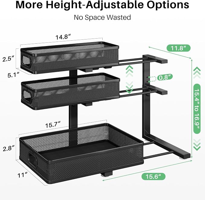 Kitstorack Under Sink Organizer, 2-Pack 3-Tier Height Adjustable Thickened Metal Pull out Cabinet Organizer Shelf, Slide out Storage Drawer Rack for Bathroom Kitchen Pantry Home Laundry Organization