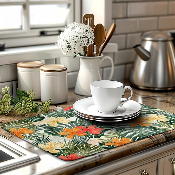 Tropical Palm Leaves Dish Drying Mat for Kitchen Counter Watercolor Flowers Leaf Drying Mat Dish Pads Reversible Absorbent Microfiber Dish Drainer Rack Mat for Countertop 18x24 Inch