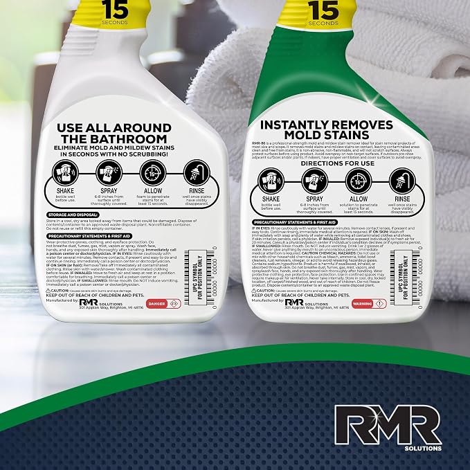 RMR Complete Mold & Mildew Stain Eraser System – No-Scrub Tub & Tile Cleaner + Instant Mold & Mildew Stain Remover Spray, Indoor/Outdoor Bathroom, Shower, Siding, & Deck Cleaning Kit, 2–32 Oz Bottles