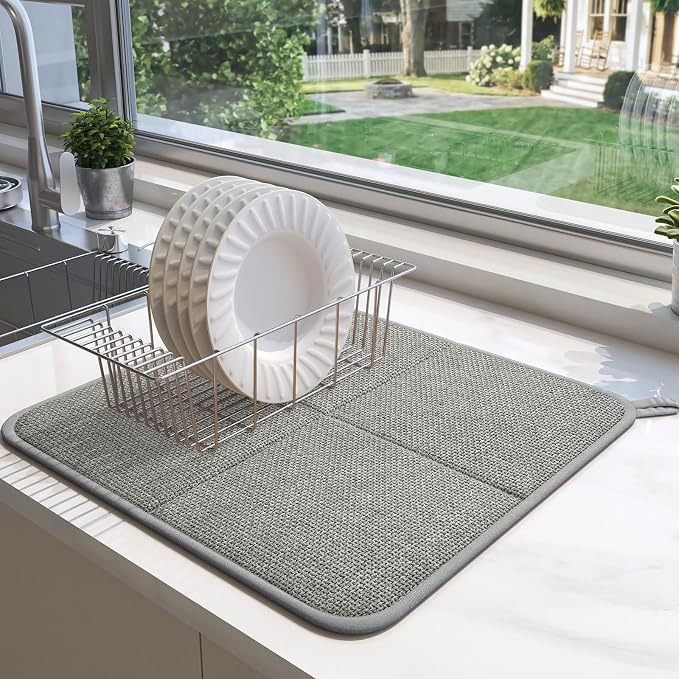 YDKGL Dish Drying Mat for Kitchen Counter, Ultra Absorbent & Fast Drying Dish Mat Machine Washable Foldable Drying Pad for Countertops, Sinks, Draining Racks, Grey