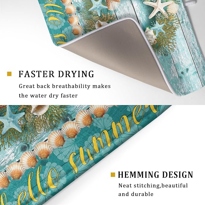 Coastal Wreath Dish Drying Mat 18x24 inch Starfish Shell Absorbent Microfiber Dish Rack Mats Drainer Pad Kitchen Countertop Accessories