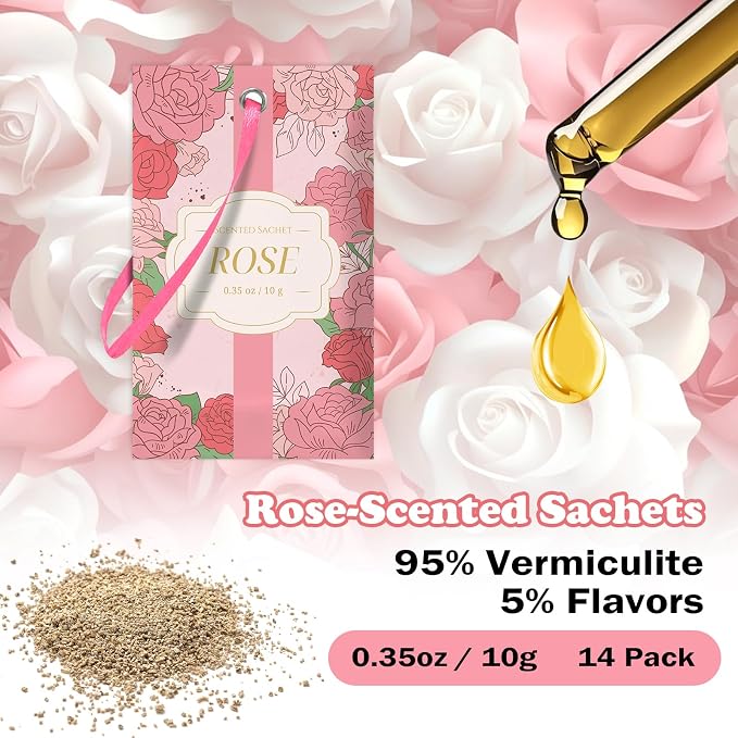 SCENTORINI Scented Sachets for Drawer and Closet, Rose Scent 14 Pack | Long-Lasting Sachets Bags Gift Set, Closet Freshener Sachet for Drawer, Suitcases, Handbags, Wardrobe Freshener, Gym Bag