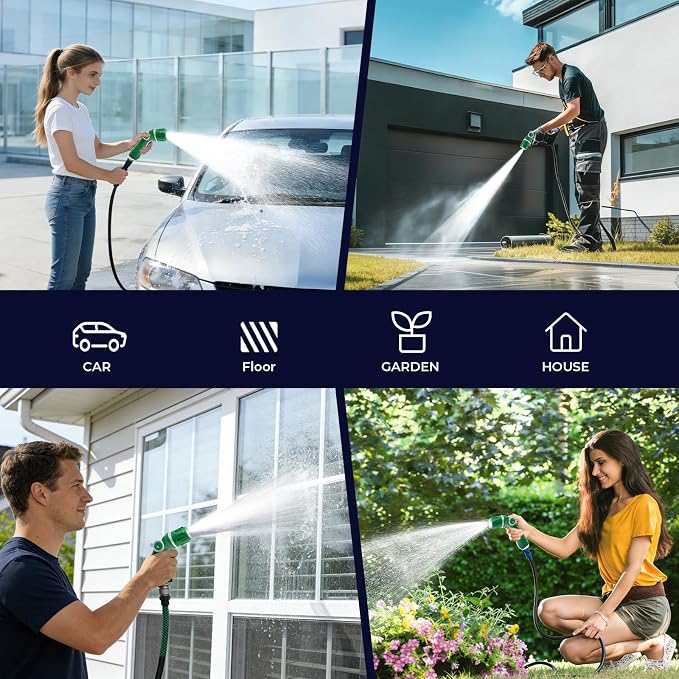 HugeDawn Garden Hose Nozzle, Heavy Duty High Pressure Metal Hose Spray Nozzle with 30% Greater Water High Flow, 3 Spray Patterns, Non-Slip Thumb Control for Quick Watering & Cleaning (Green)