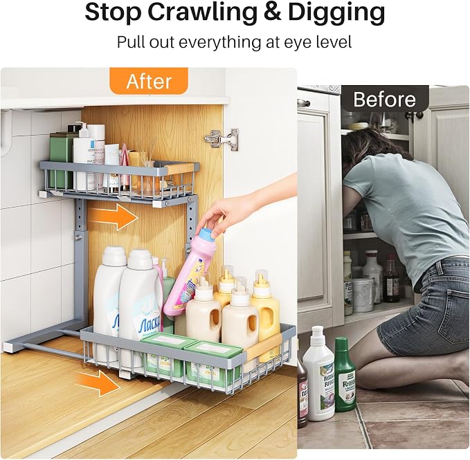 PXRACK Under Sink Organizer, Adjustable Height, 2 Tier Pull Out Under Cabinet Organizer, Slide Out Thickened Metal Under Sink Storage for Kitchen Bathroom Laundry Pantry Cabinet, Grey, Large-1-Pack